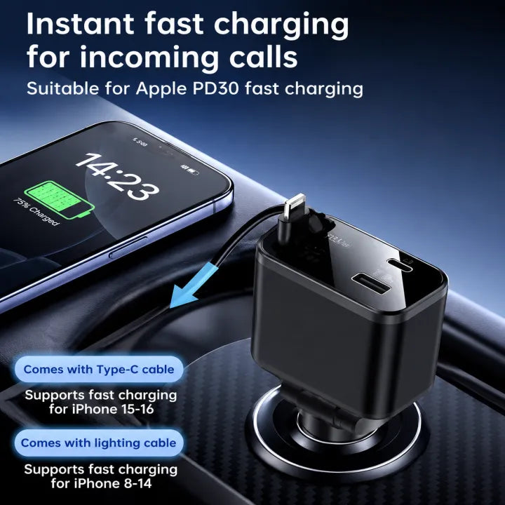 120W Fast Car Charger with Retractable Cables