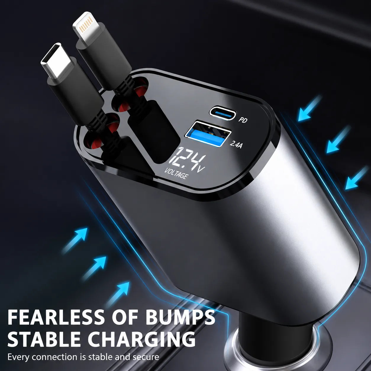 120W Fast Car Charger with Retractable Cables