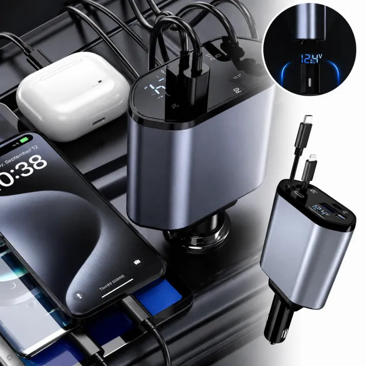 120W Fast Car Charger with Retractable Cables